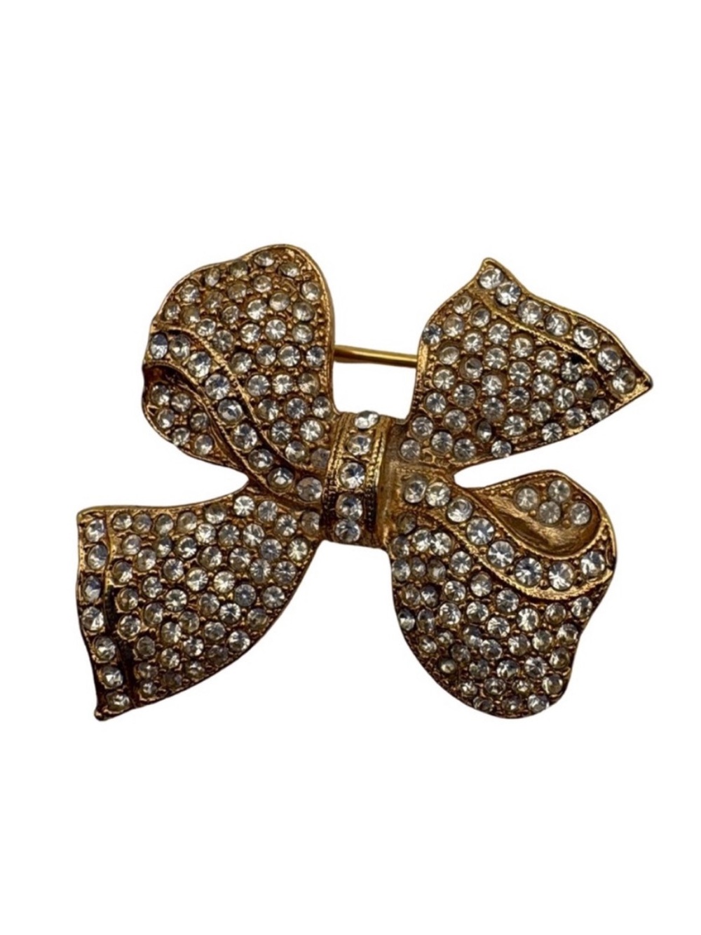 Vintage Rhinestone Bow Brooch – Gold Tone Glam Statement Pin